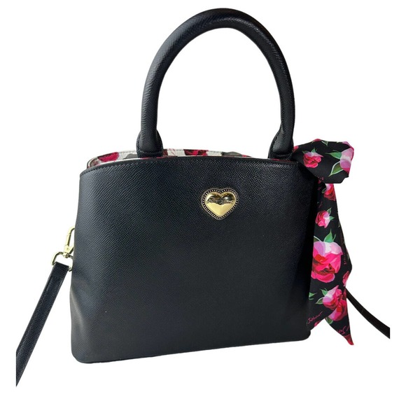 Betsey Johnson Gigi Triple Compartment Satchel W/ Scarf Black Purse Shoulder Bag - Picture 2 of 13